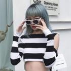 Cropped Cutout Shoulder Long Sleeve Striped T-shirt