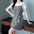Short-sleeve Mock Two-piece Gingham Mini Sheath Dress