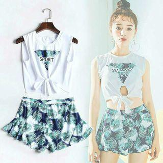 Set: Leaf Print Bikini + Lettering Cover-up