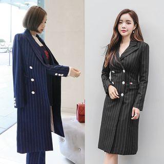 Pinstriped Double-breasted Long Blazer
