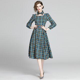 Square-neck Plaid Long-sleeve Midi A-line Dress