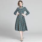 Square-neck Plaid Long-sleeve Midi A-line Dress