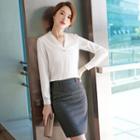 V-neck Blouse / Plaid Pencil Skirt / Dress Pants
