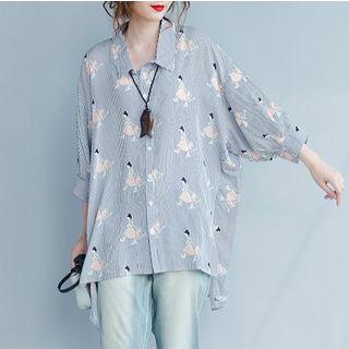 3/4-sleeve Oversized Printed Blouse
