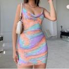 Spaghetti Strap Cowl-neck Tie-dye Mini Bodycon Dress