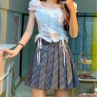 Puff-sleeve Drawstring Blouse / Plaid Mini Pleated Skirt