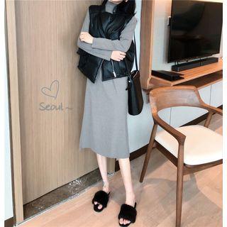 Faux-leather Padded Vest / Mock-neck Knit Dress