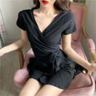 Set: Short-sleeve Tie-front Blouse + A-line Skirt