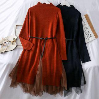 Set: Mock-neck Long Knit Top + Mesh A-line Skirt