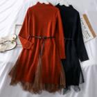 Set: Mock-neck Long Knit Top + Mesh A-line Skirt