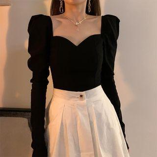 Puff Long-sleeve Square-neck Plain Top