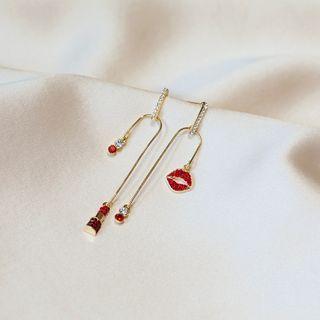 Non-matching Alloy Lips Dangle Earring 1 Pair - Red & Gold - One Size