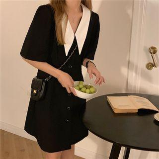 Elbow-sleeve Contrast Collar Mini A-line Dress