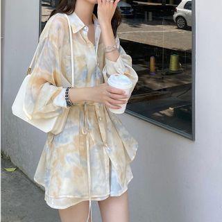 Printed Long-sleeve Blouse / Wide-leg Shorts / Camisole Top