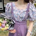 Short-sleeve Floral Print Blouse / Suspender Skirt