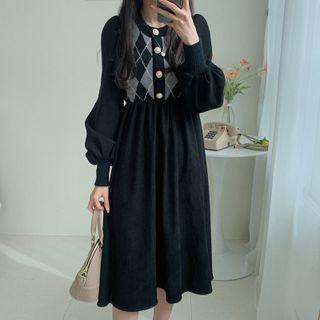 Puff-sleeve Argyle  Knit Panel Dress