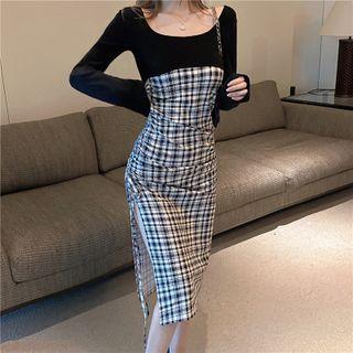 Long-sleeve Plaid Drawstring Midi Sheath Dress