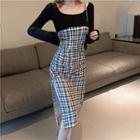 Long-sleeve Plaid Drawstring Midi Sheath Dress