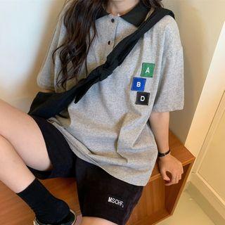 Lettering Applique Short-sleeve Polo Shirt