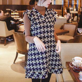 Sleeveless Fringe-edge Patterned Tweed Mini Dress