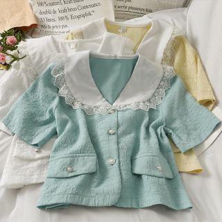 Embossed Lace-trim Colorblock Crop Shirt