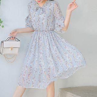 Floral Print Elbow-sleeve A-line Midi Chiffon Dress