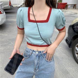 Puff-sleeve Contrast Trim Crop Top