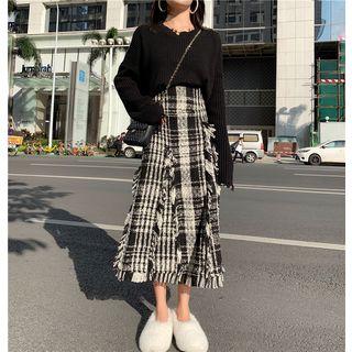 Distressed Loose-fit Knit Top / Plaid Fringed Skirt