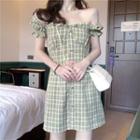 Puff-sleeve Vintage Plaid A-line Dress Plaid - One Size
