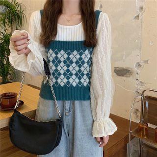 Argyle Knit Crop Tank Top / Lace Blouse