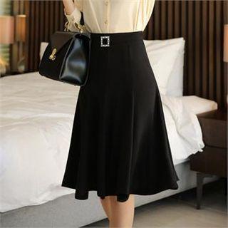 Rhinestone-buckled Flare Midi Skirt