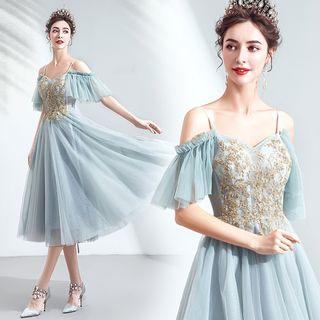 Cold-shoulder Flower Applique A-line Midi Prom Dress