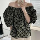 Puff-sleeve Off-shoulder Floral Blouse Green Flowers - Black - One Size