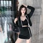 Set: Contrast Lining Zip Hoodie + Mini Fitted Skirt Black - One Size