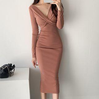 Long-sleeve Crinkled Midi Sheath Dress Dress