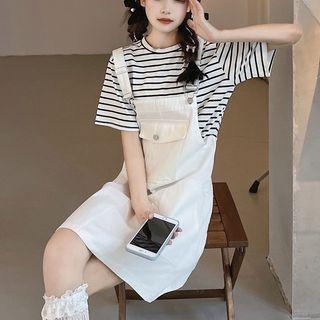 Short-sleeve Striped T-shirt / Plain Overall Dress