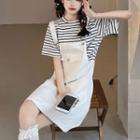 Short-sleeve Striped T-shirt / Plain Overall Dress