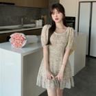 Round-neck Puff Sleeve Ruffle Trim Floral Dress