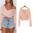 Cropped V-neck Sweater Pink - One Size