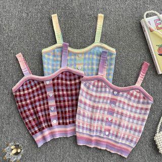 Suspender Color Block Lattice Knit Cropped Top