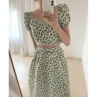 Set: Puff-sleeve Flower Print Cropped Blouse + Midi A-line Skirt