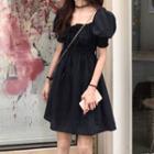 Puff-sleeve Dot Print High-waist Mini Dress Black - One Size