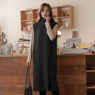 High-neck Slit Ribbed Midi Vest Dress