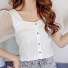 Mesh Puff-sleeve Panel Cropped Blouse