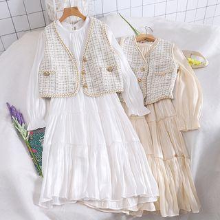 Set Of 2: Plaid Cropped Vest Jacket + Long-sleeve Frilled Midi Dress