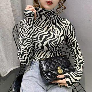Long-sleeve Turtleneck Zebra Print T-shirt