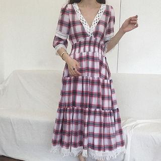 Crochet-trim Plaid Maxi Dress