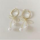 Rhinestone Bow Faux Pearl Dangle Earring 1 Pair - Silver Stud - Gold - One Size