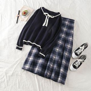 Bow-accent Long-sleeve Knit Top / Plaid Loose-fit Skirt