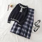 Bow-accent Long-sleeve Knit Top / Plaid Loose-fit Skirt